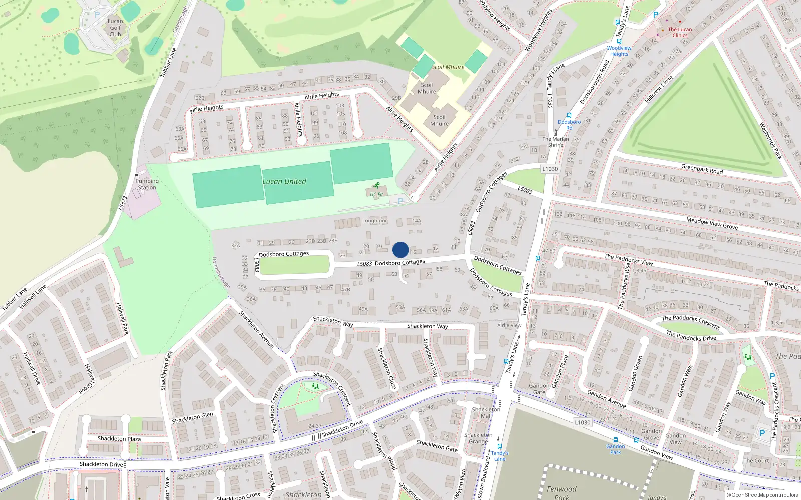 Overhead map showing the location of 16 Dodsborough Cottages, Lucan