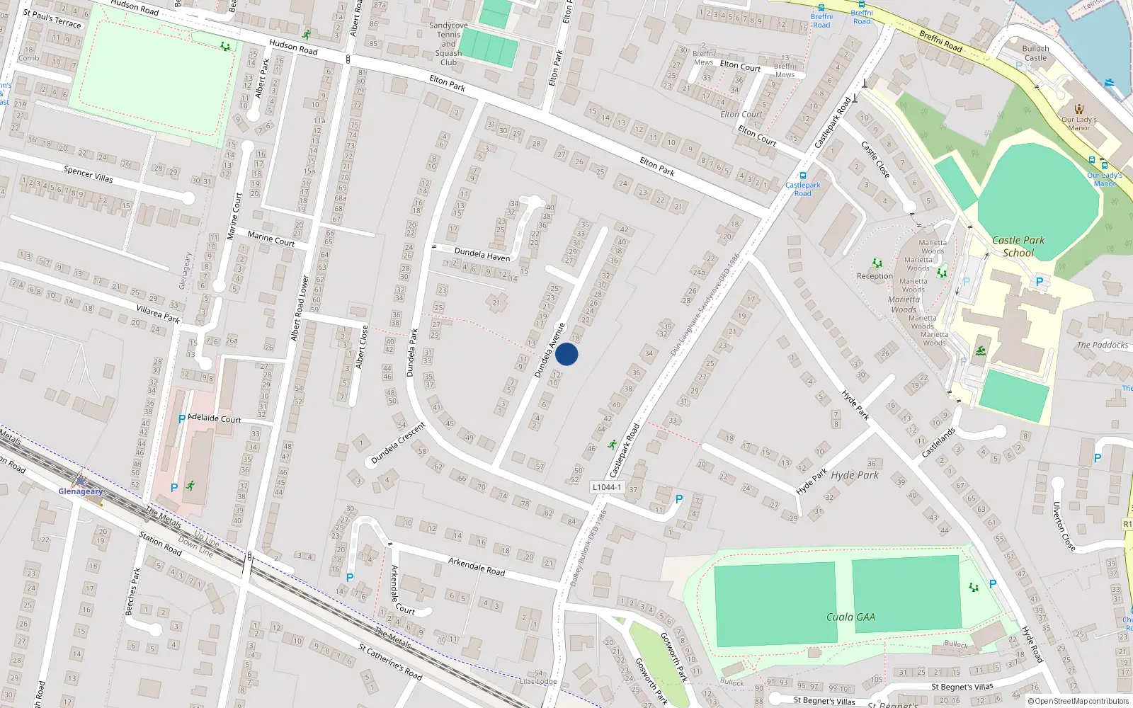 Overhead map showing the location of 16 Dundela Avenue, Sandycove, Dublin