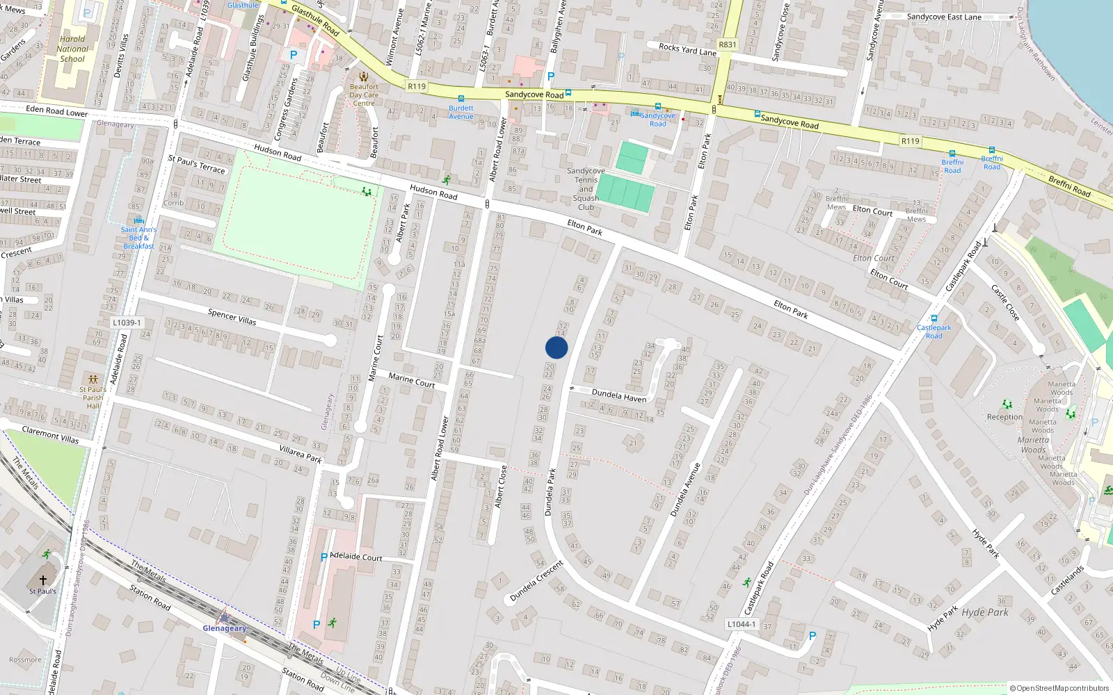 Overhead map showing the location of 16 Dundela Park, Dublin