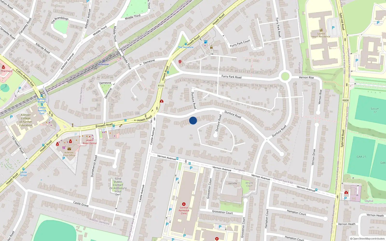 Overhead map showing the location of 16 Dunluce Road, Dublin 3