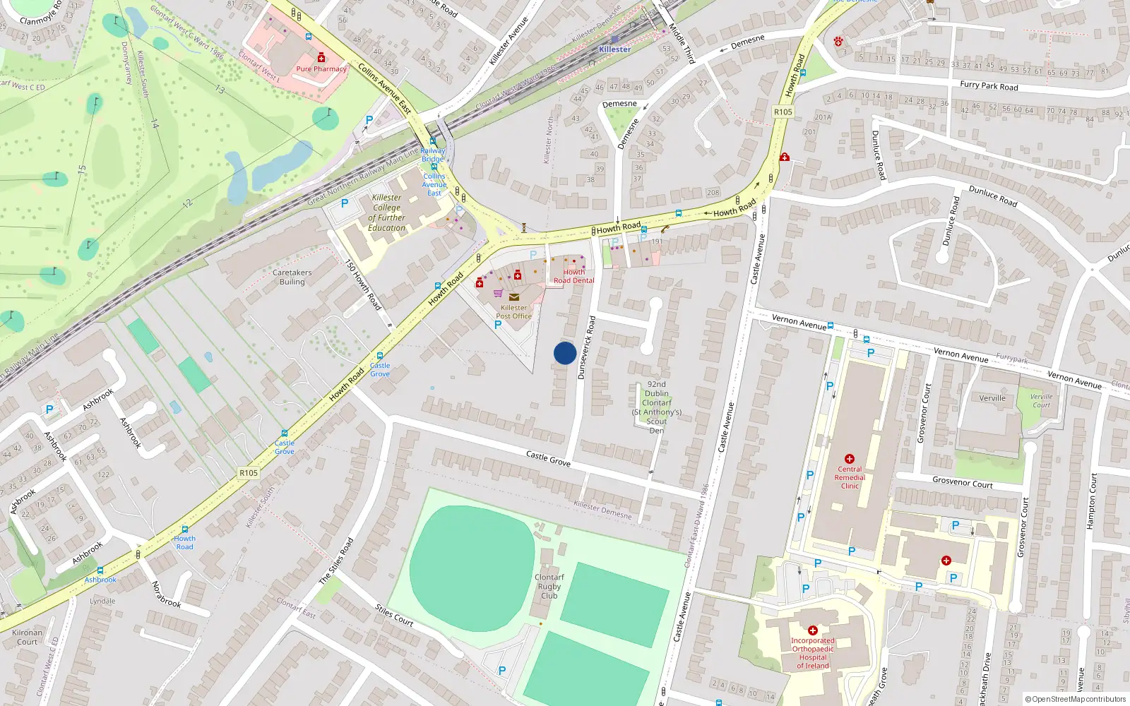 Overhead map showing the location of 16 Dunseverick Road, Clontarf, Dublin 3