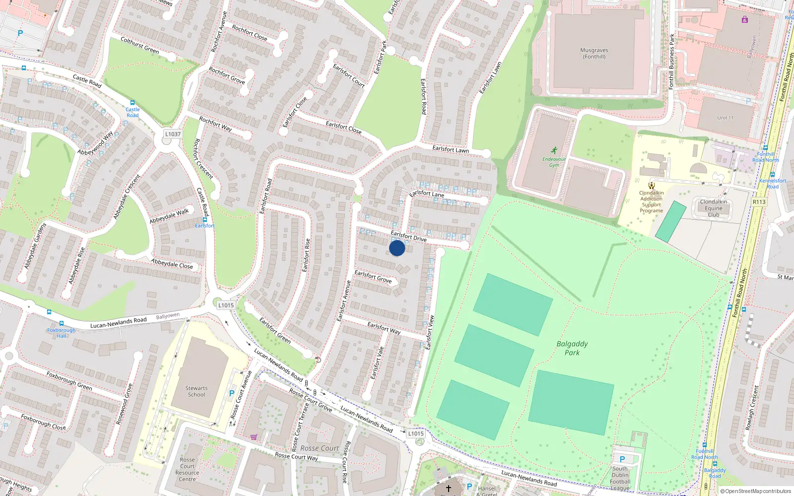 Overhead map showing the location of 16 Earlsfort Drive, Lucan
