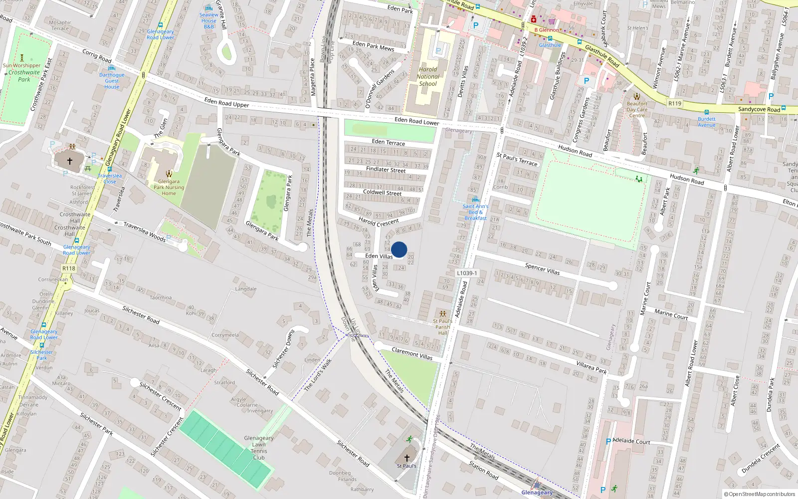 Overhead map showing the location of 16 Eden Villas, Glasthule, Dun Laoghaire