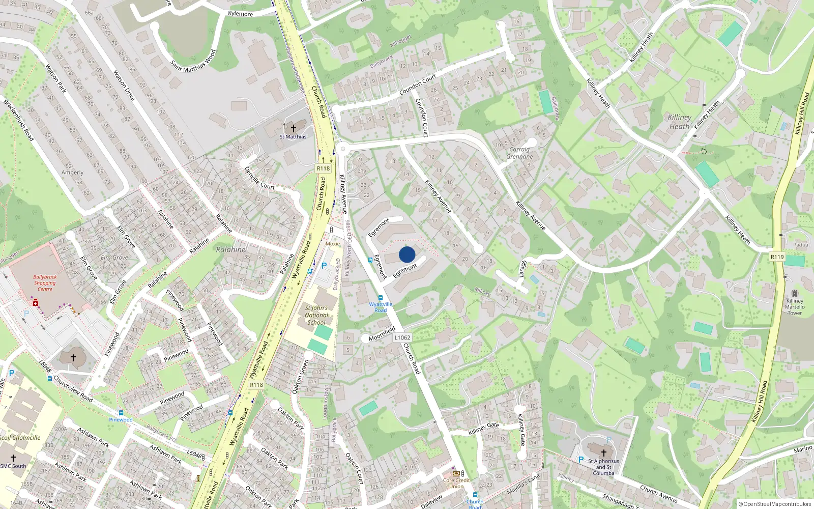 Overhead map showing the location of 16 Egremont, Church Road, Killiney