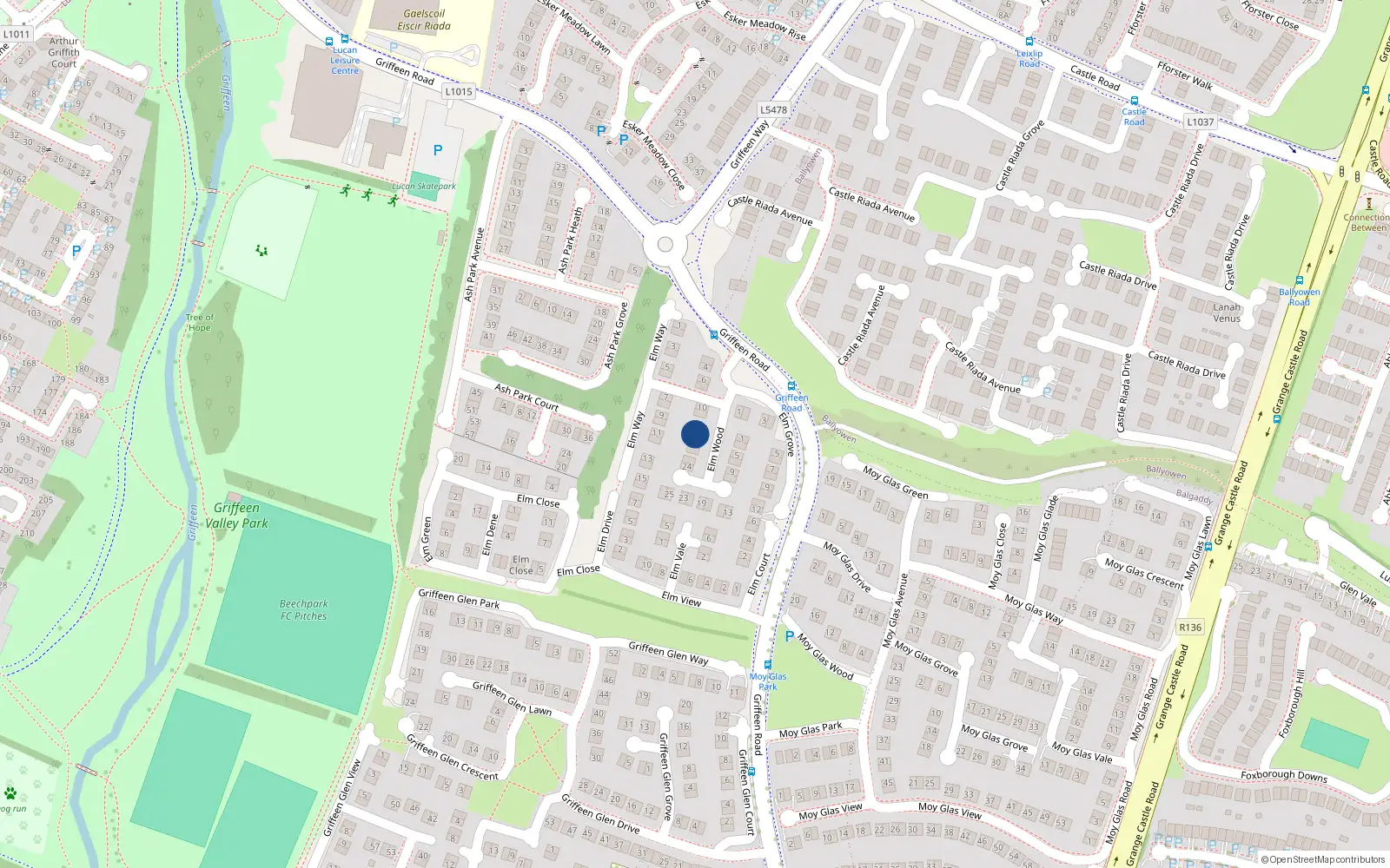 Overhead map showing the location of 16 Elm Wood, Lucan