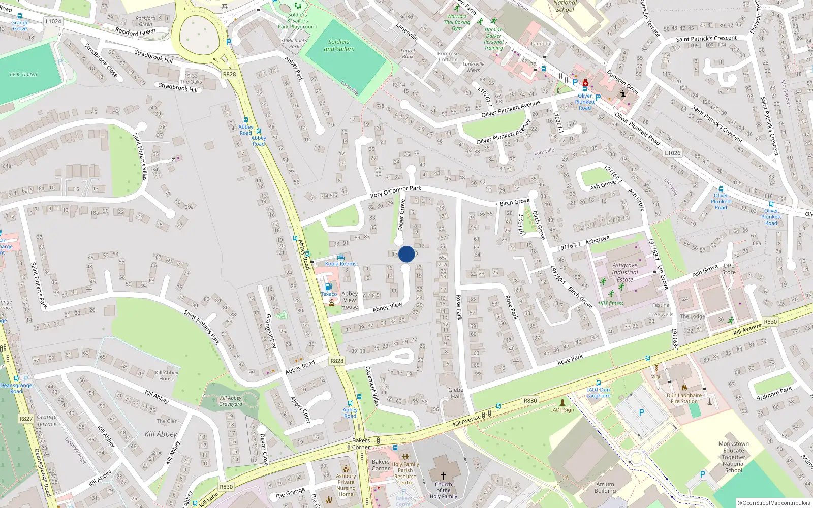 Overhead map showing the location of 16 Faber Grove, Dun Laoghaire