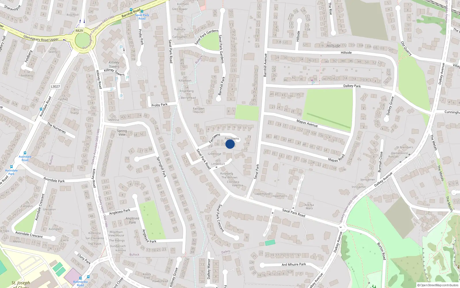 Overhead map showing the location of 16 Fairlawns, Saval Park Road, Dalkey