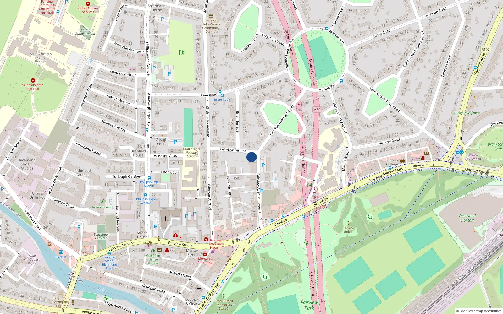 Overhead map showing the location of 16 Fairview Terrace, Dublin 3