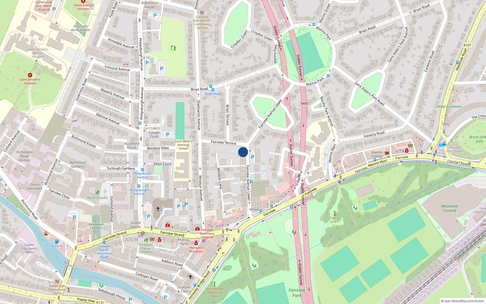 Overhead map showing the location of 16 Fairview Terrace, Fairview, Dublin 3