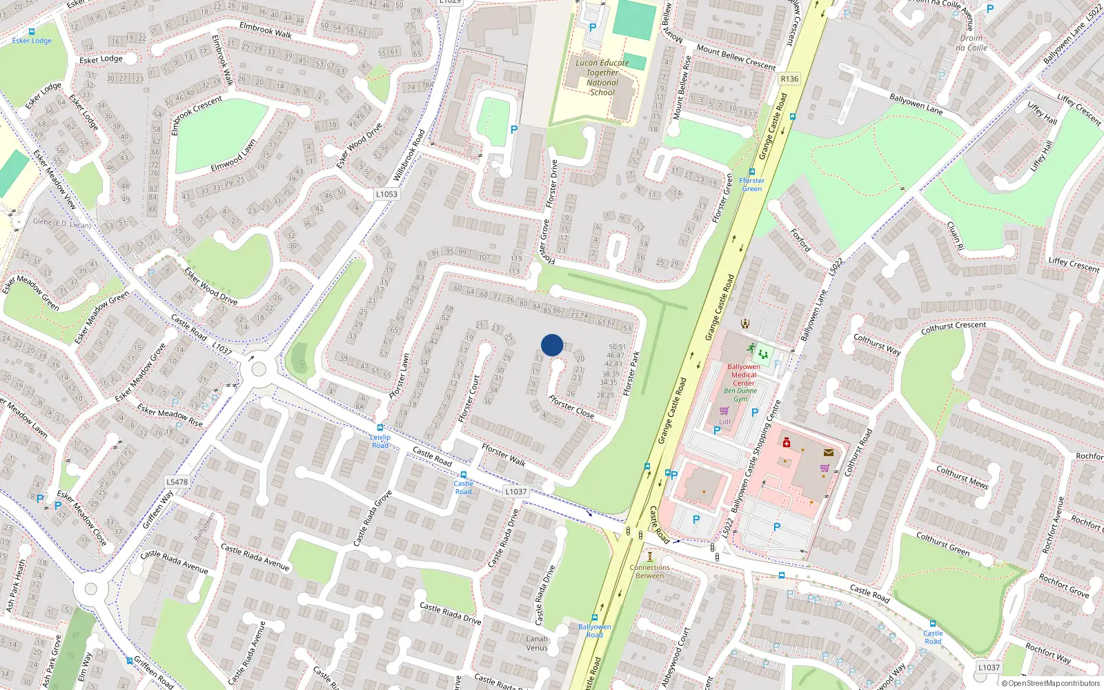 Overhead map showing the location of 16 Fforster Close, Lucan, Dublin