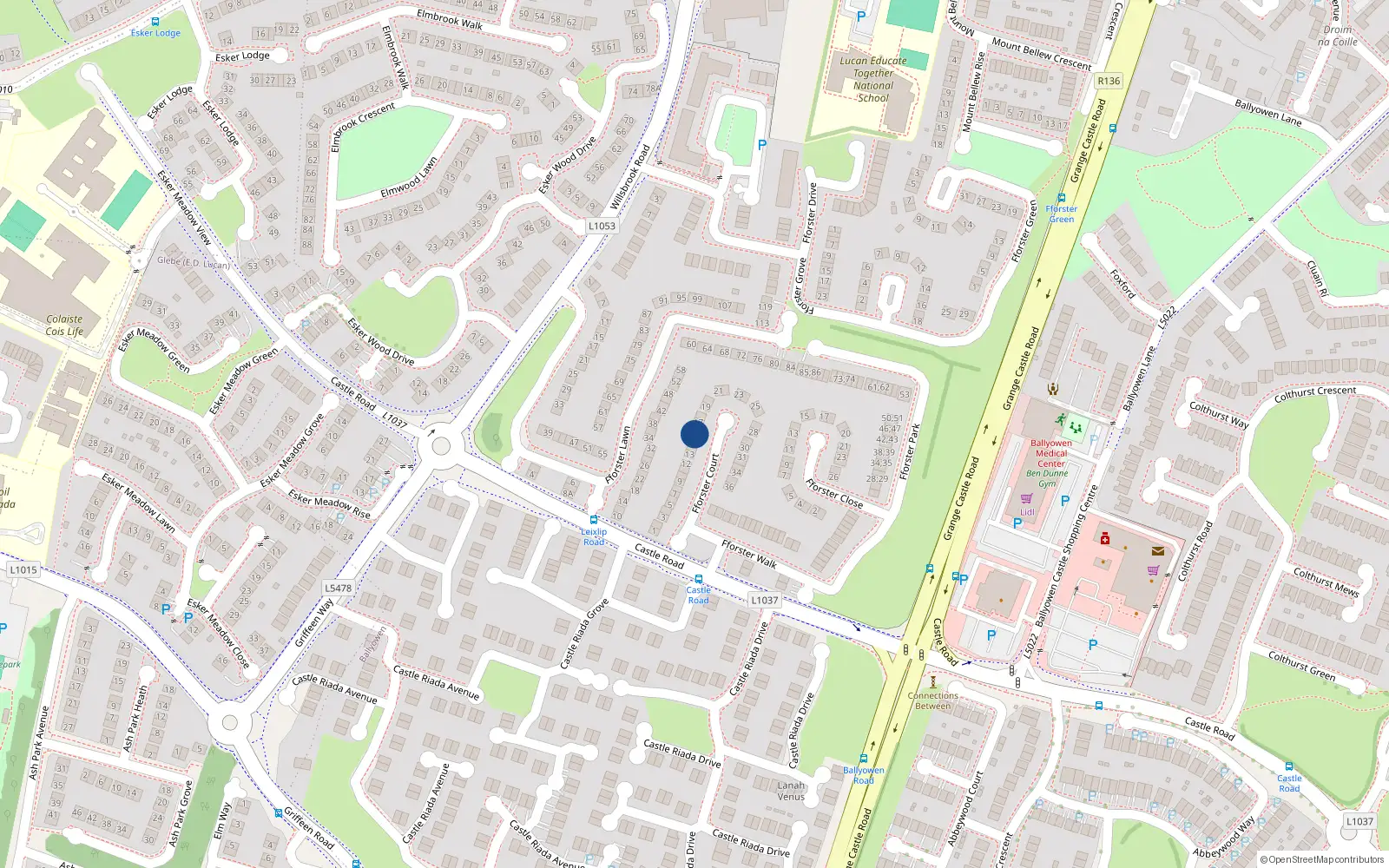 Overhead map showing the location of 16 Fforster Court, Ballydowd Manor, Lucan
