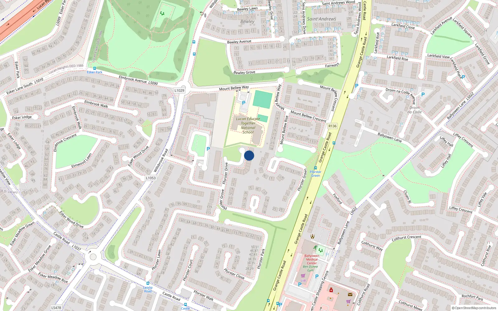 Overhead map showing the location of 16 Ffoster Crescent, Lucan, Dublin
