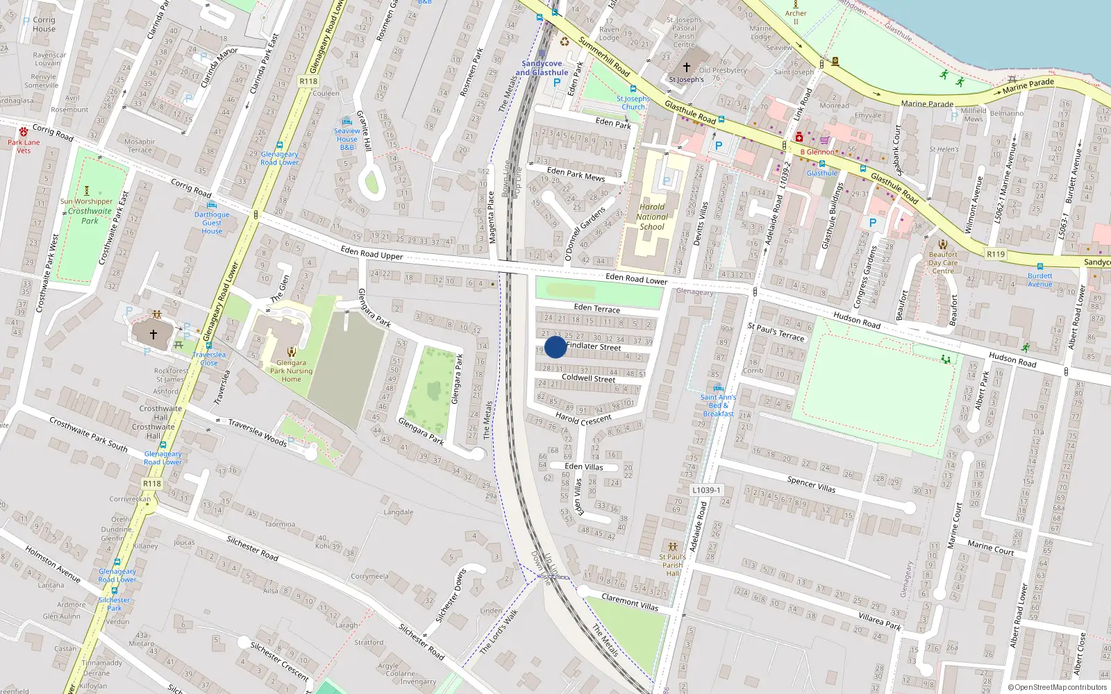 Overhead map showing the location of 16 Findlater St, Glasthule, Dublin