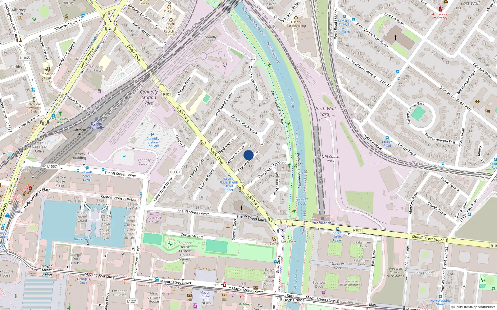Overhead map showing the location of 16 First Avenue, Seville Place, Dublin 1