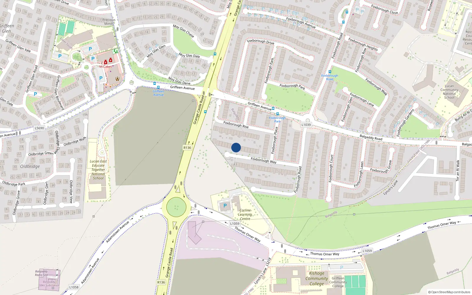 Overhead map showing the location of 16 Foxborough Way, Lucan, Dublin