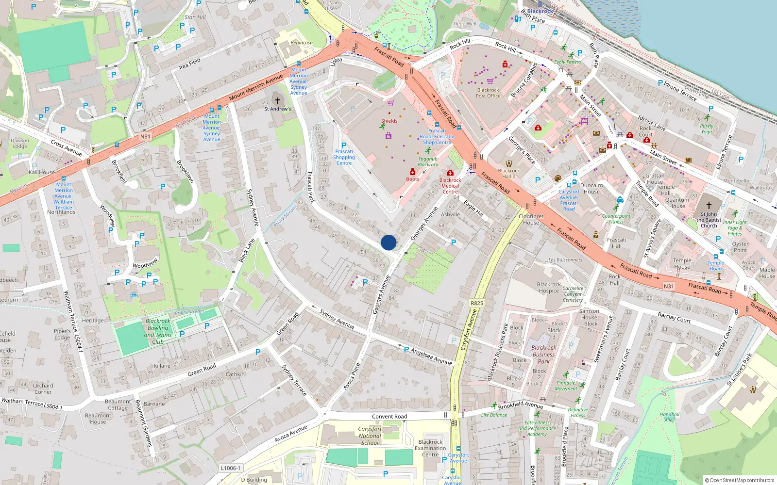 Overhead map showing the location of 16 Frascati Park, Blackrock, Dublin