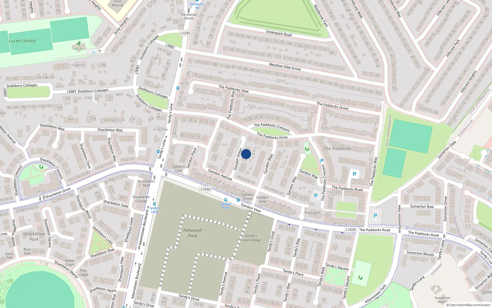 Overhead map showing the location of 16 Gandon Green, Lucan
