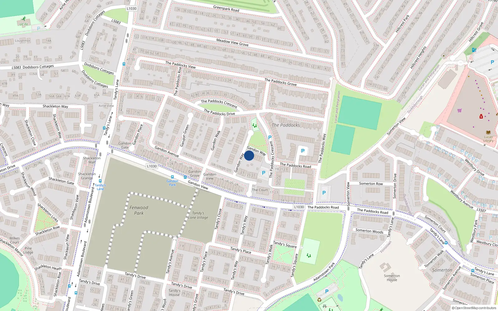 Overhead map showing the location of 16 Gandon Way, Lucan