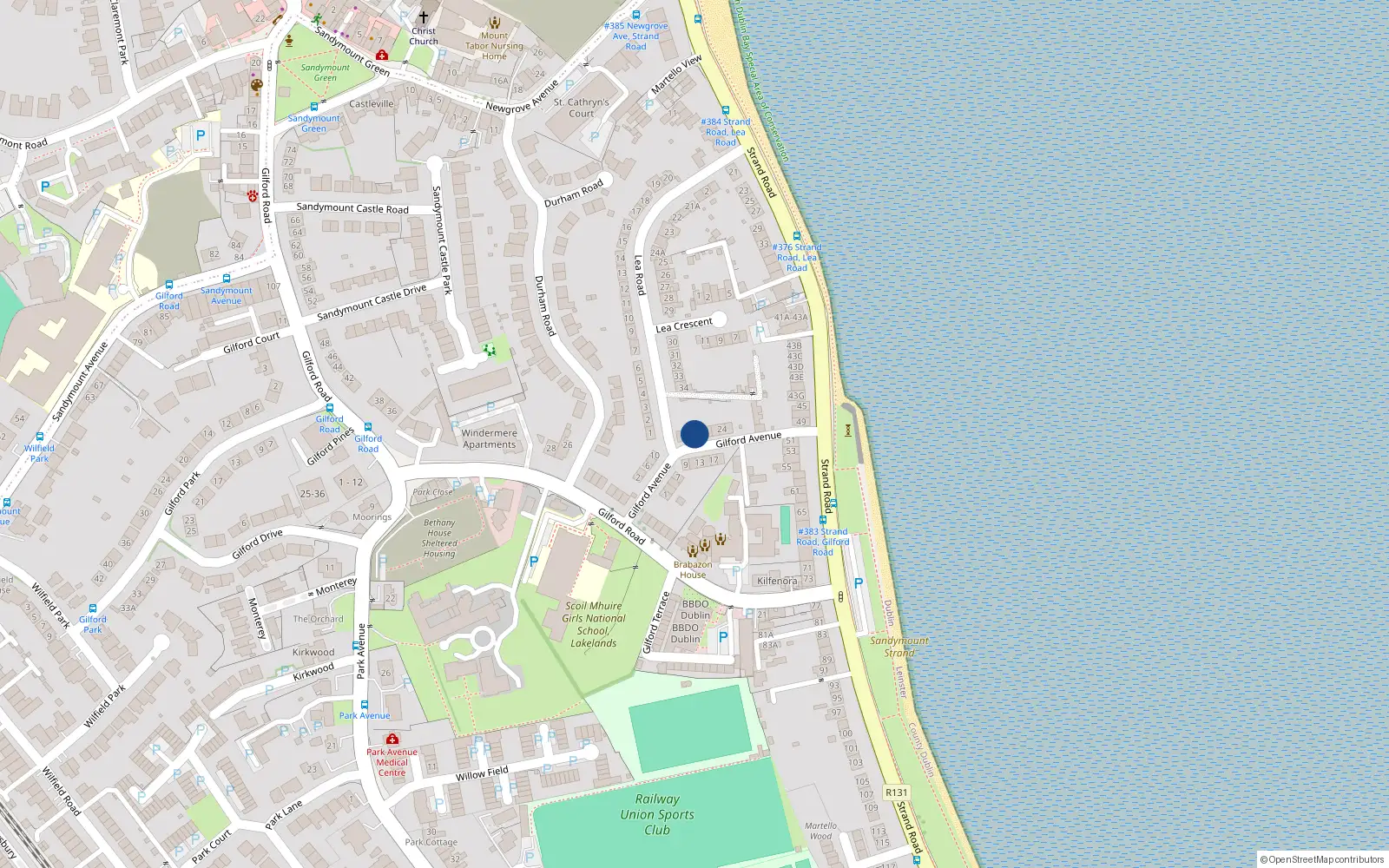 Overhead map showing the location of 16 Gilford Avenue, Sandymount