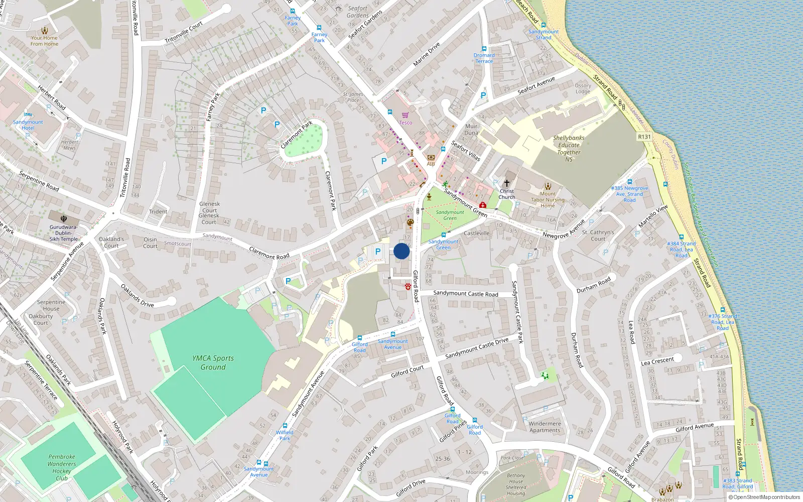 Overhead map showing the location of 16 Gilford Road, Sandymount