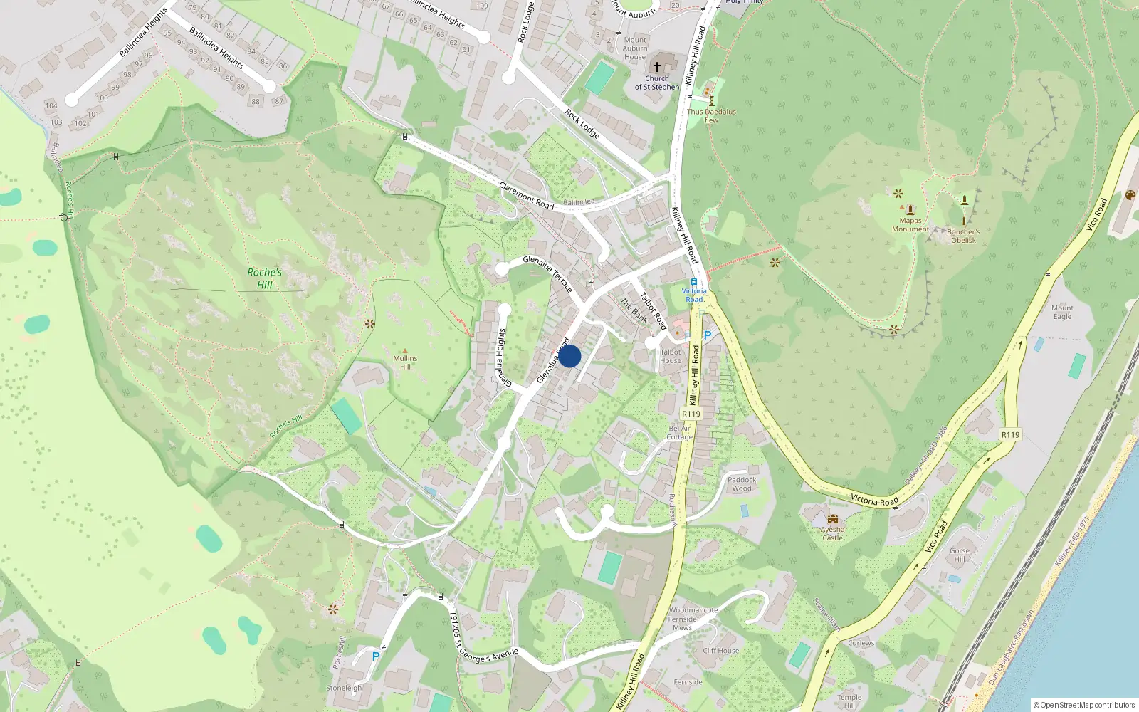 Overhead map showing the location of 16 Glenalua Road, Killiney