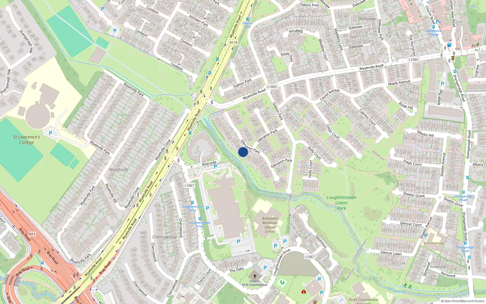 Overhead map showing the location of 16 Glenavon Park, Ballybrack
