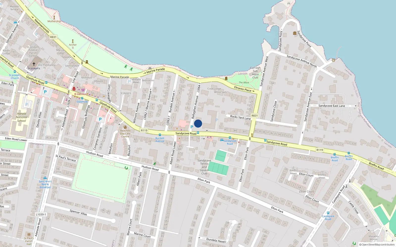 Overhead map showing the location of 16 Gowran Hall, Ballygihen Avenue, Sandycove