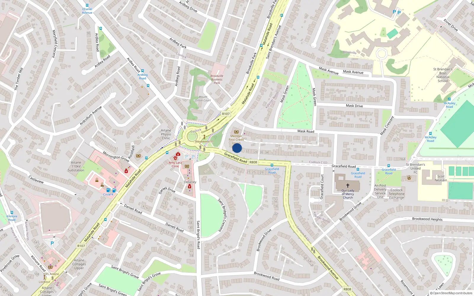 Overhead map showing the location of 16 Gracefield Road, Dublin 5