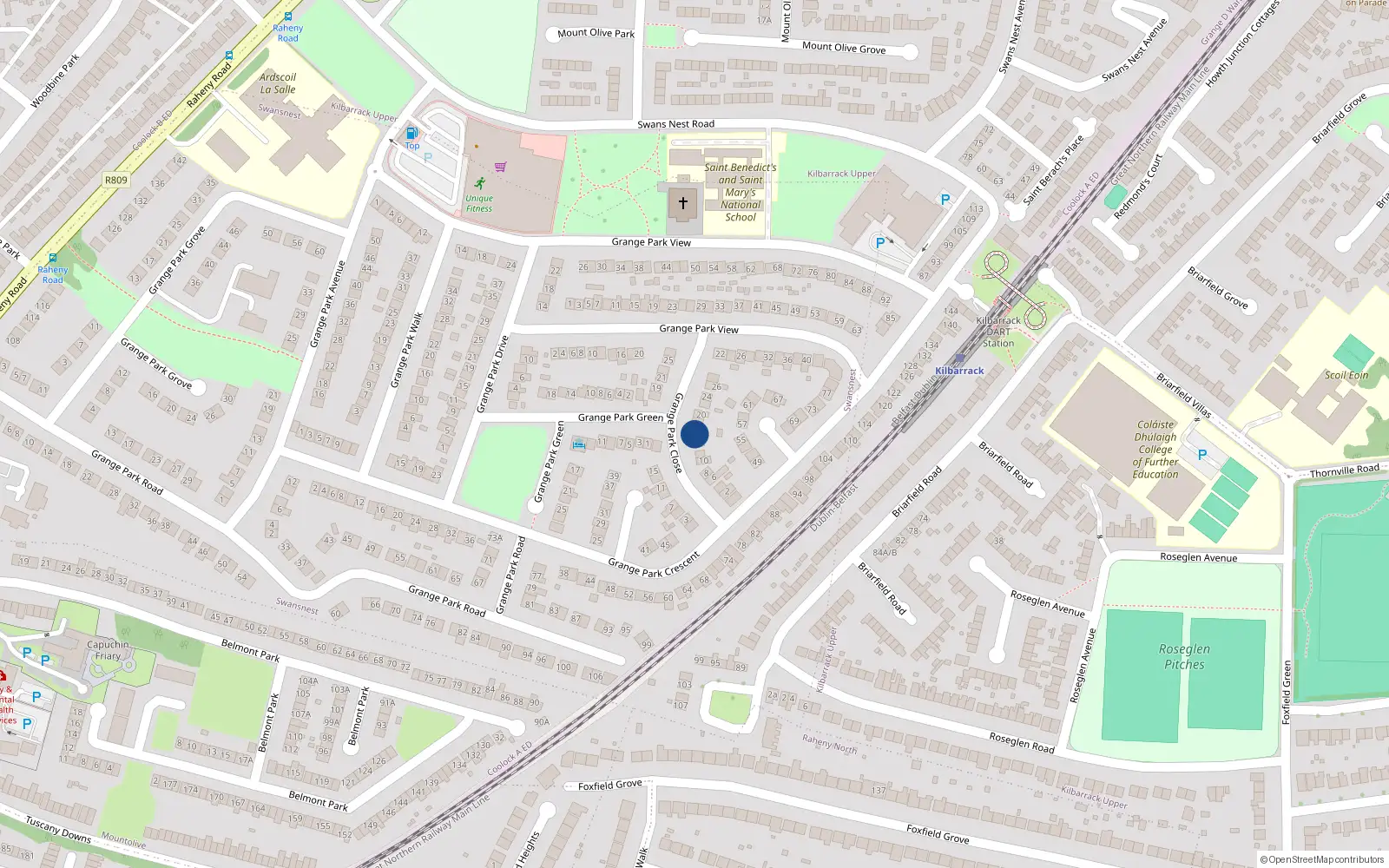 Overhead map showing the location of 16 Grange Park Close, Raheny, Dublin 5