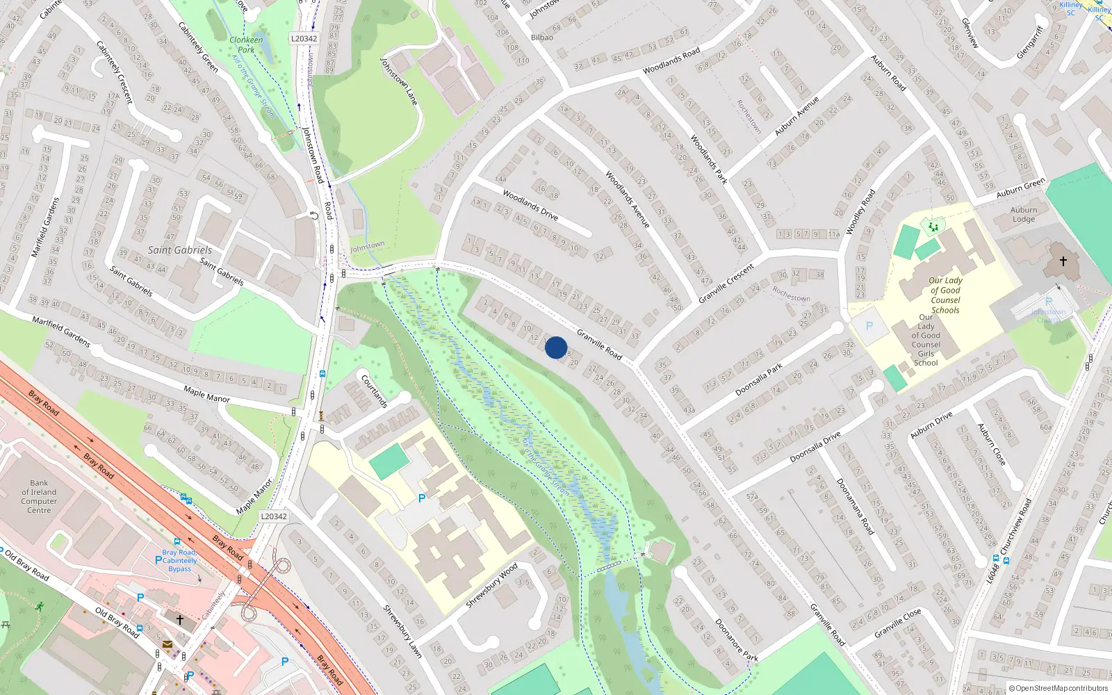 Overhead map showing the location of 16 Granville Road, Dublin