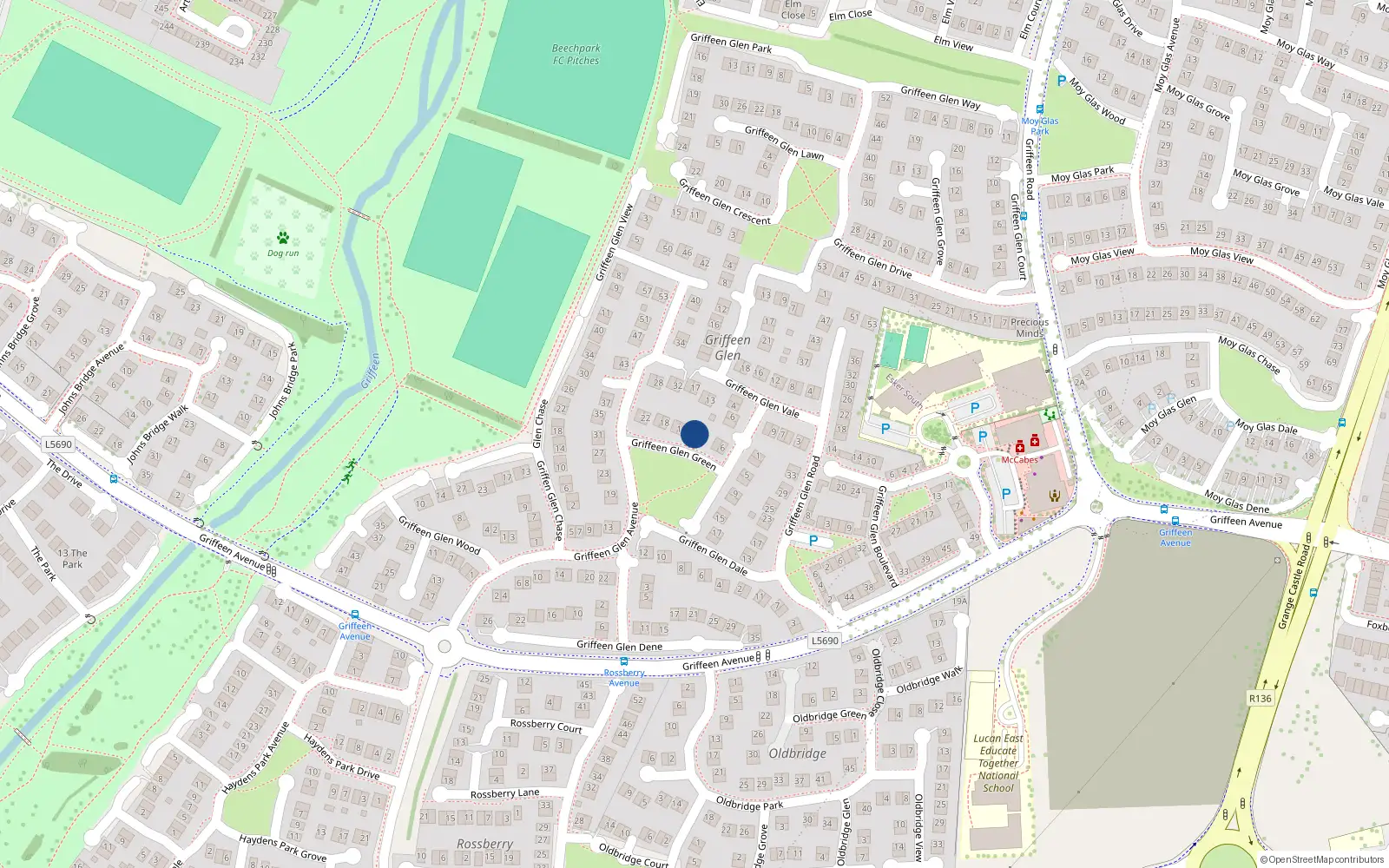 Overhead map showing the location of 16 Griffeen Glen Green, Lucan
