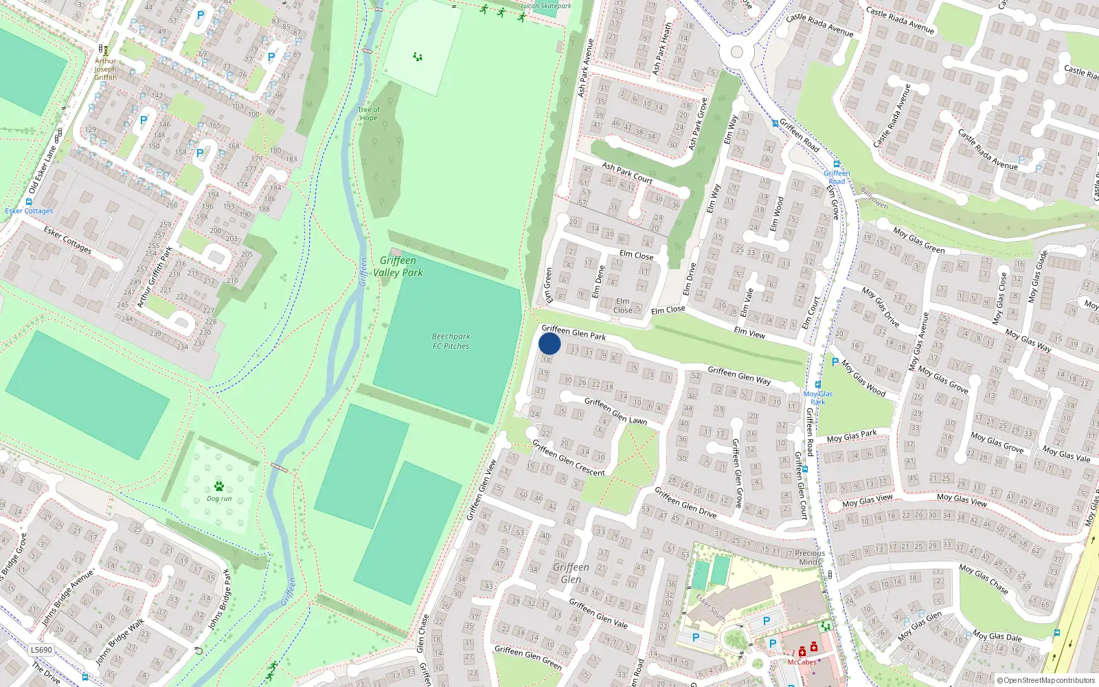Overhead map showing the location of 16 Griffen Glen Park, Lucan, Dublin