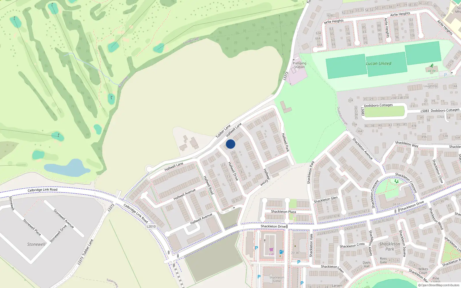 Overhead map showing the location of 16 Hallwell Lane, Lucan