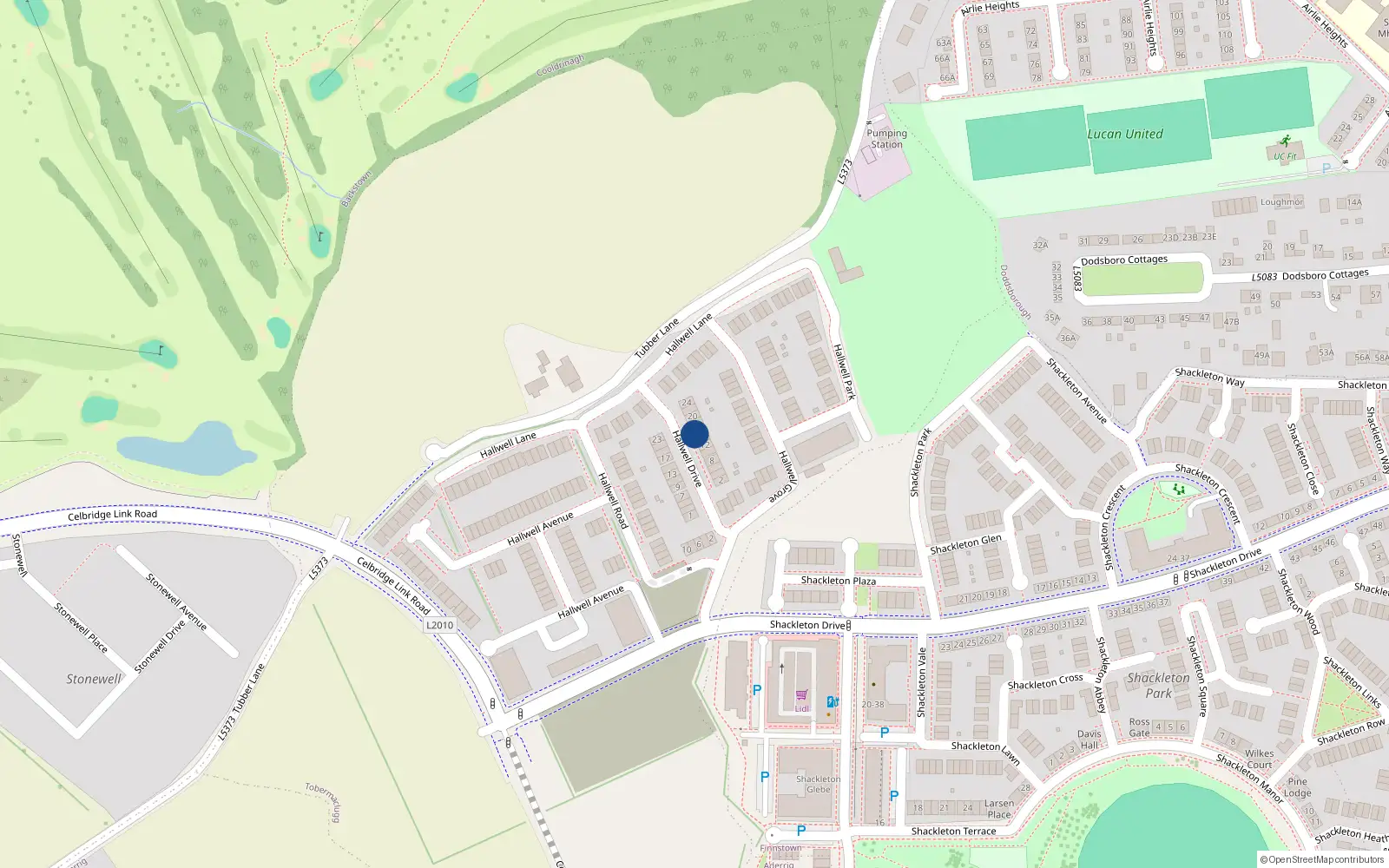 Overhead map showing the location of 16 Hallwell Drive, Lucan