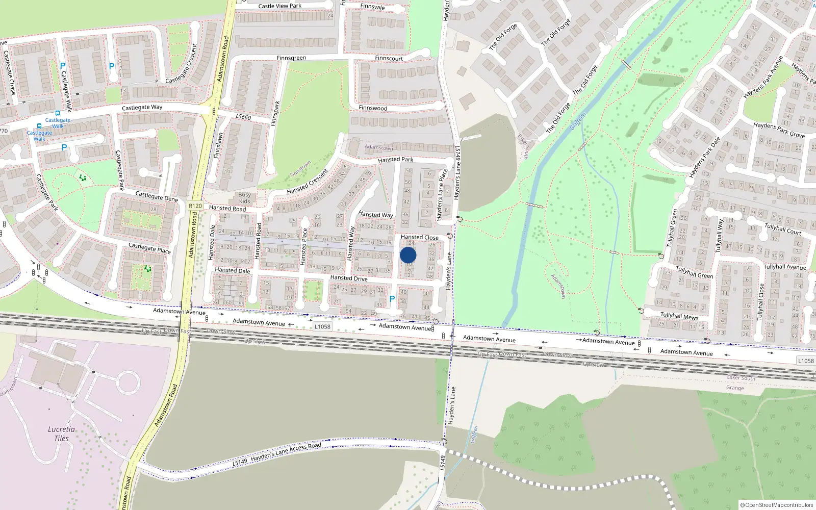 Overhead map showing the location of 16 Hansted Close, Finnstown, Lucan
