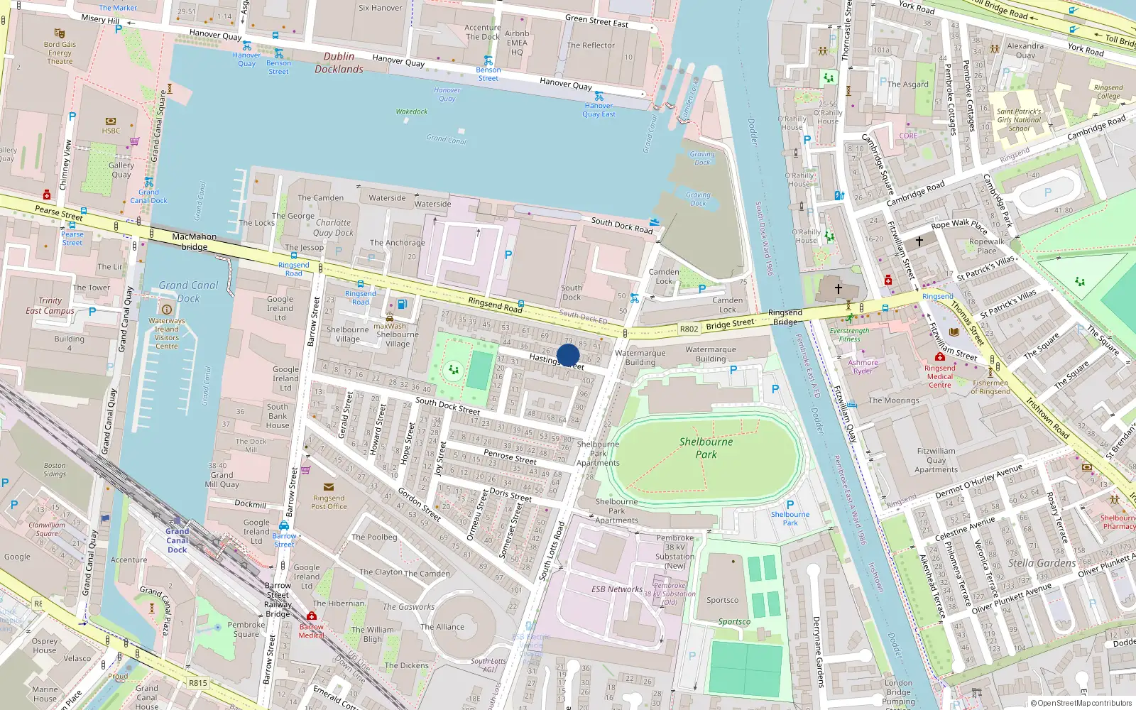 Overhead map showing the location of 16 Hastings Street, Ringsend Dublin 4