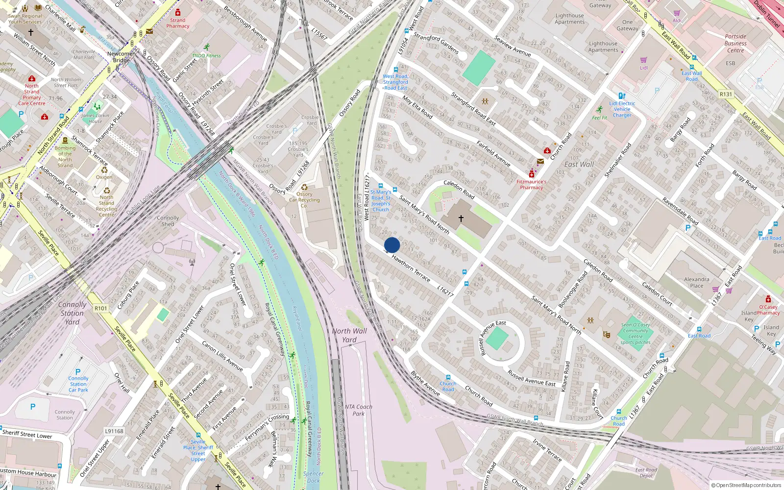 Overhead map showing the location of 16 Hawthorn Terrace, West Road, Dublin 3