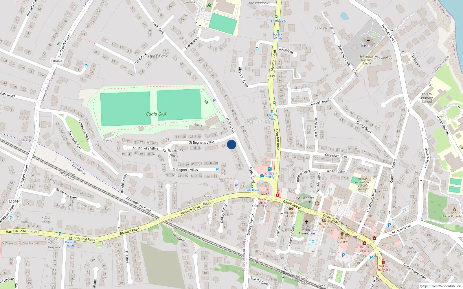 Overhead map showing the location of 16 Hyde Road, Dalkey, Co Dublin