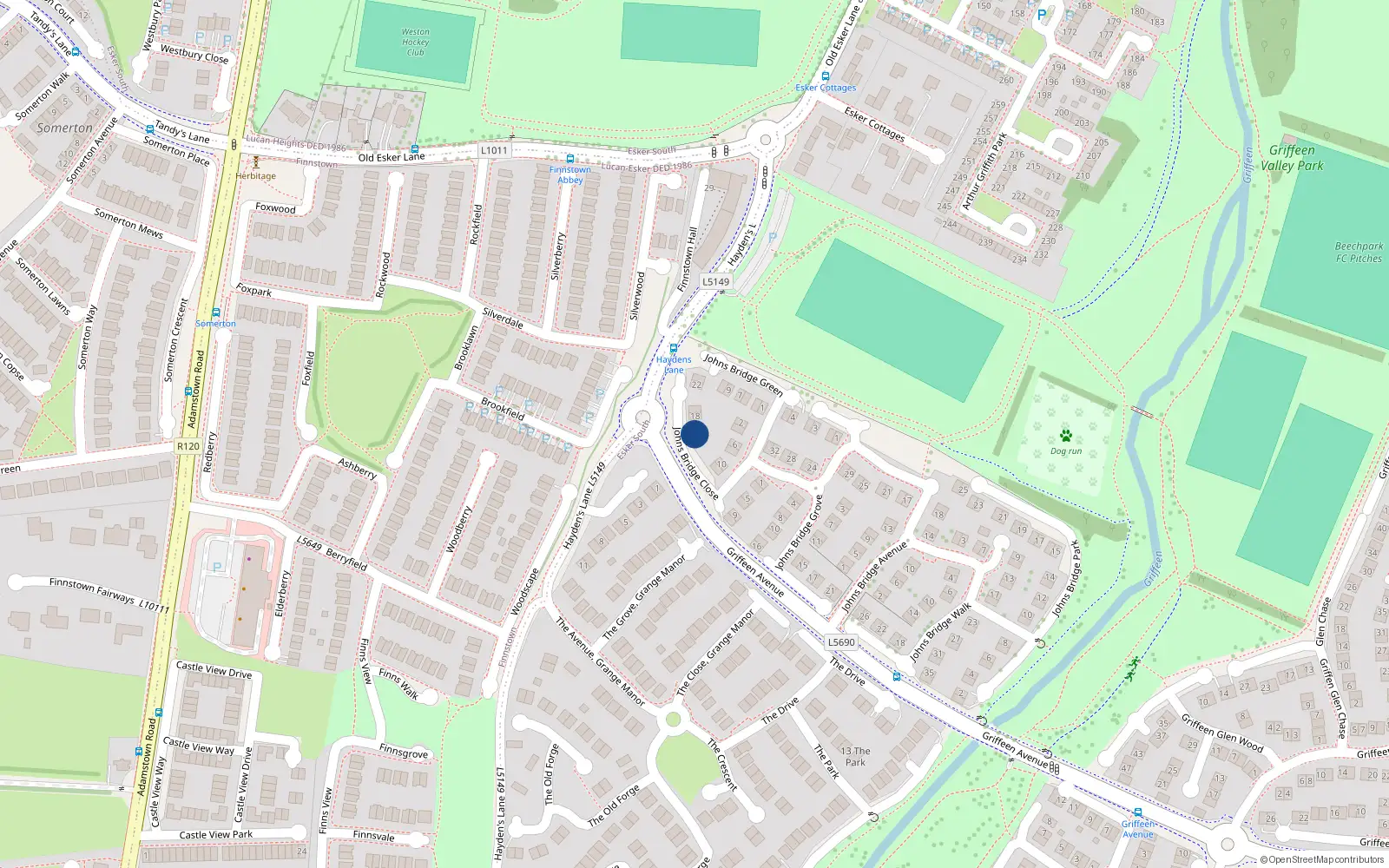 Overhead map showing the location of 16 Johnsbridge Close, Lucan