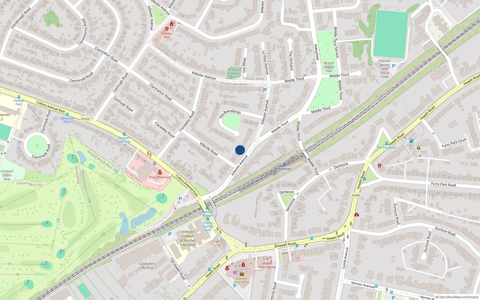 Overhead map showing the location of 16 Killester Avenue, Dublin 5, Dublin