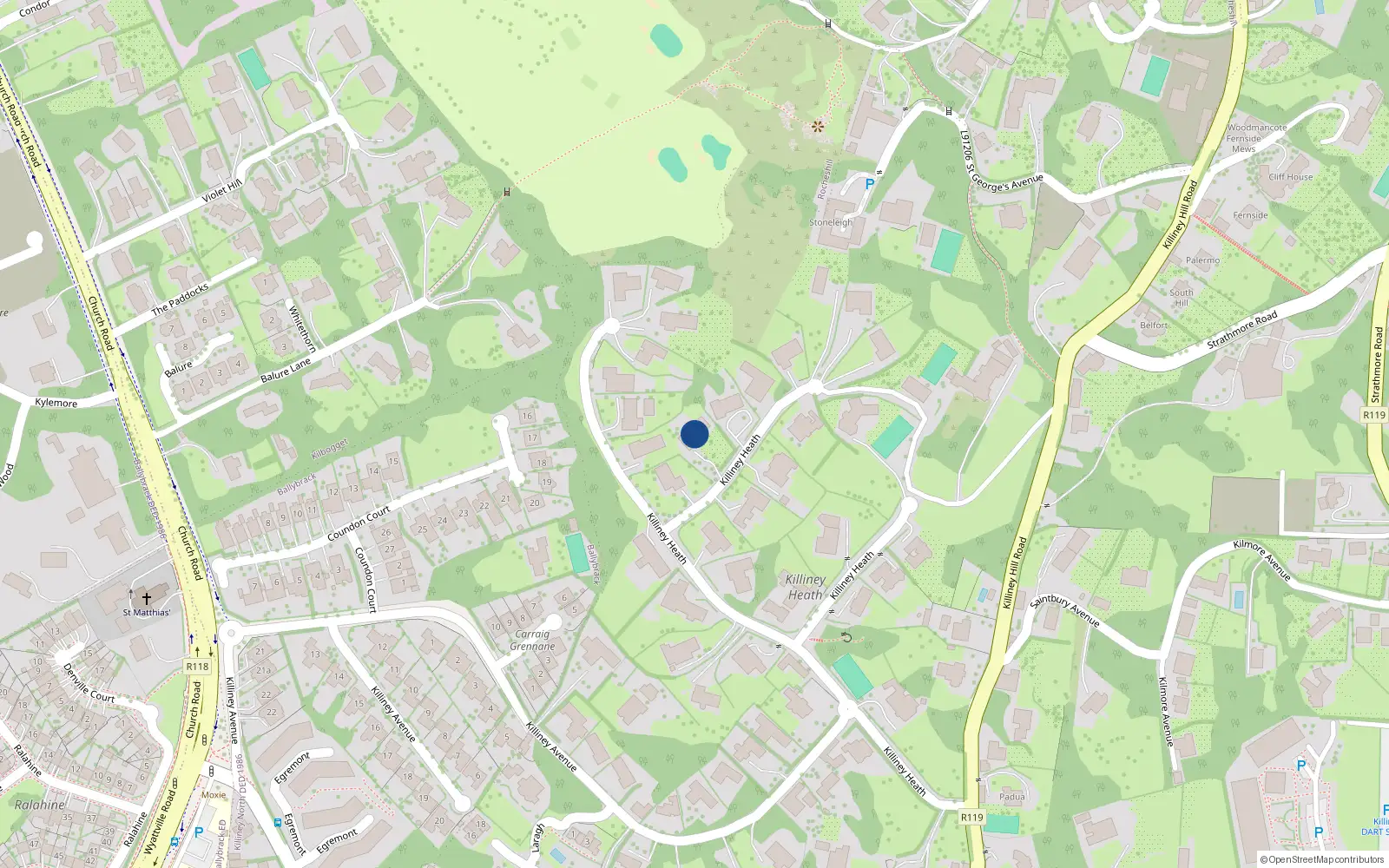 Overhead map showing the location of 16 Killiney Heath, Killiney