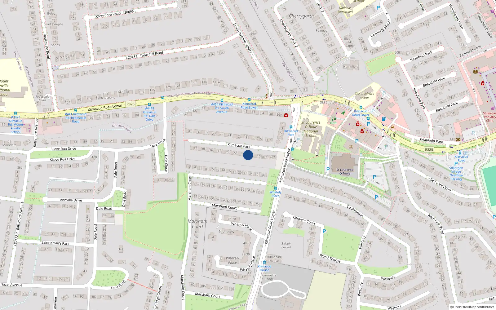 Overhead map showing the location of 16 Kilmacud Park, Blackrock