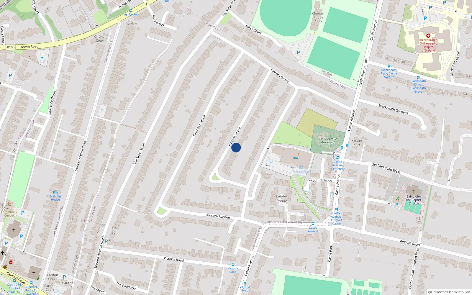 Overhead map showing the location of 16 Kincora Drive, Clontarf, Dublin 3