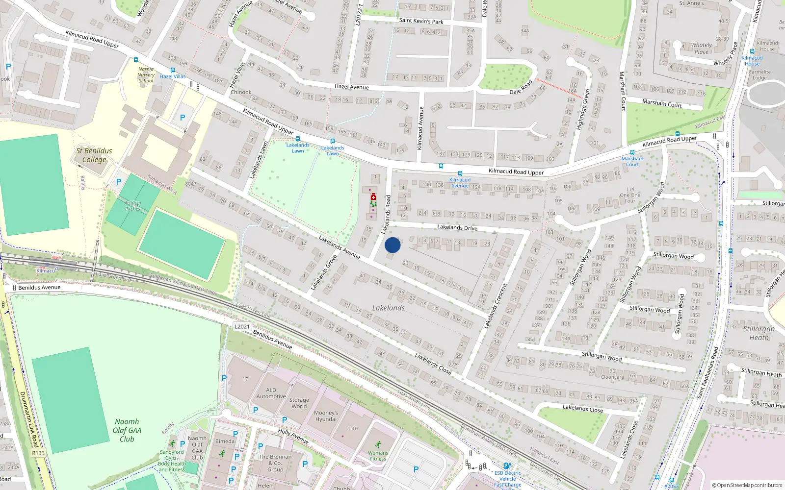 Overhead map showing the location of 16 Lakelands Road, Dublin