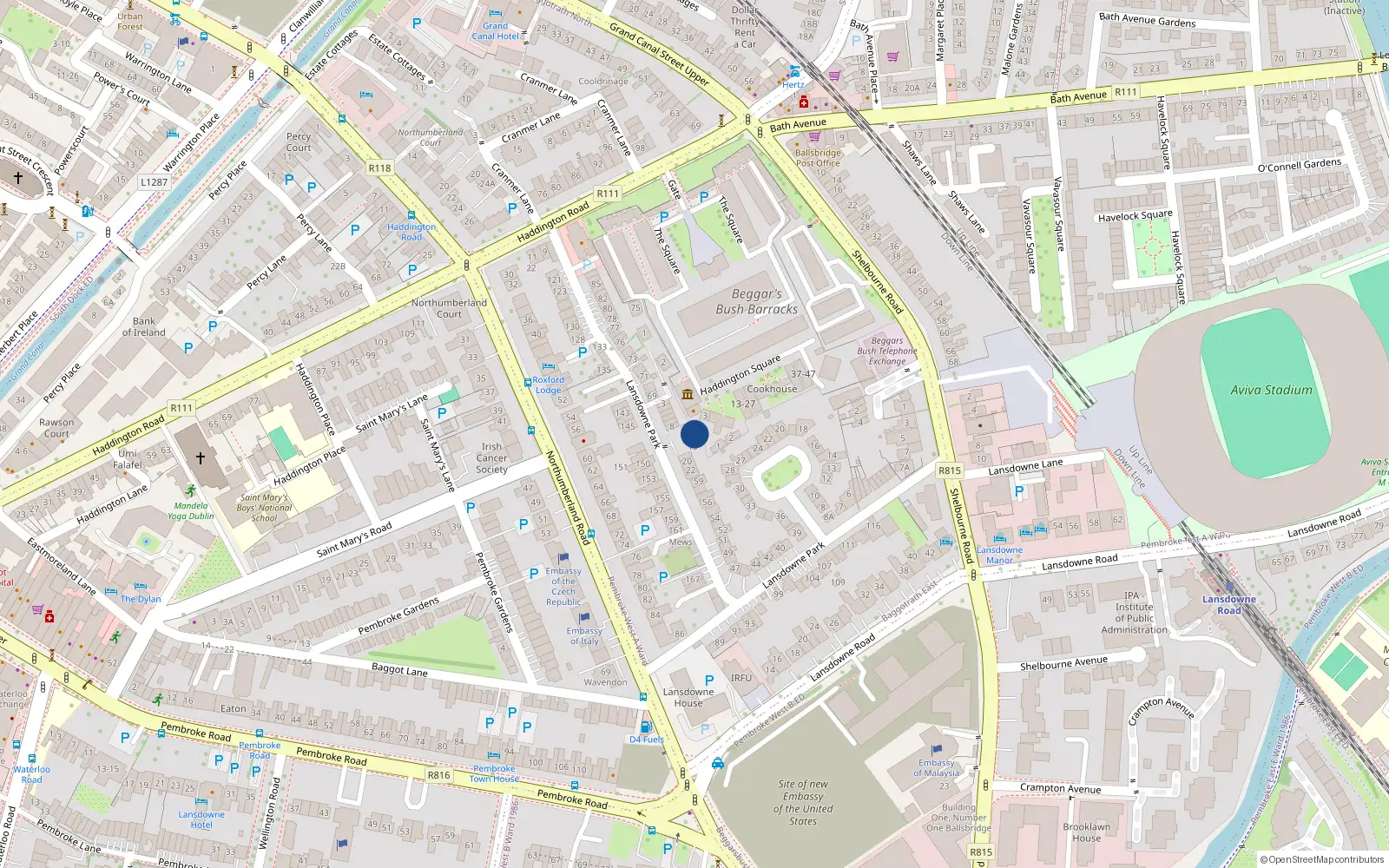 Overhead map showing the location of 16 Lansdowne Crescent, Ballsbridge Dublin 4