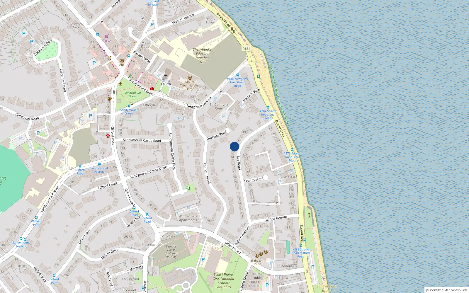 Overhead map showing the location of 16 Lea Road, Sandymount