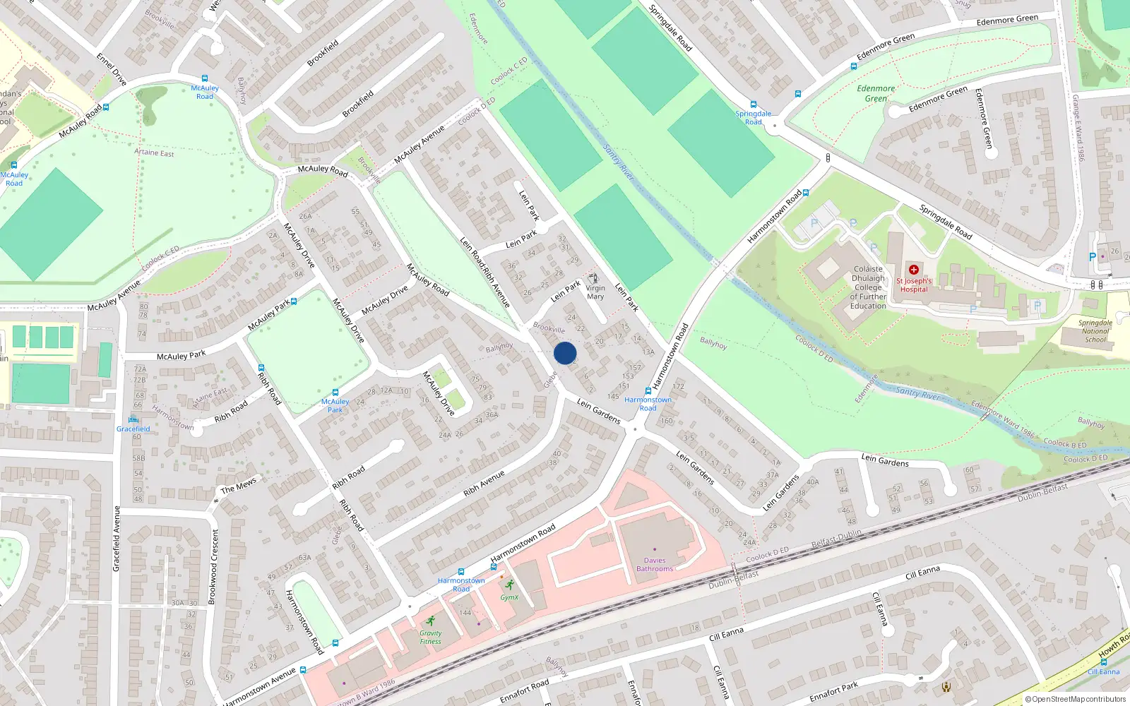 Overhead map showing the location of 16 Lein Road, Dublin 5