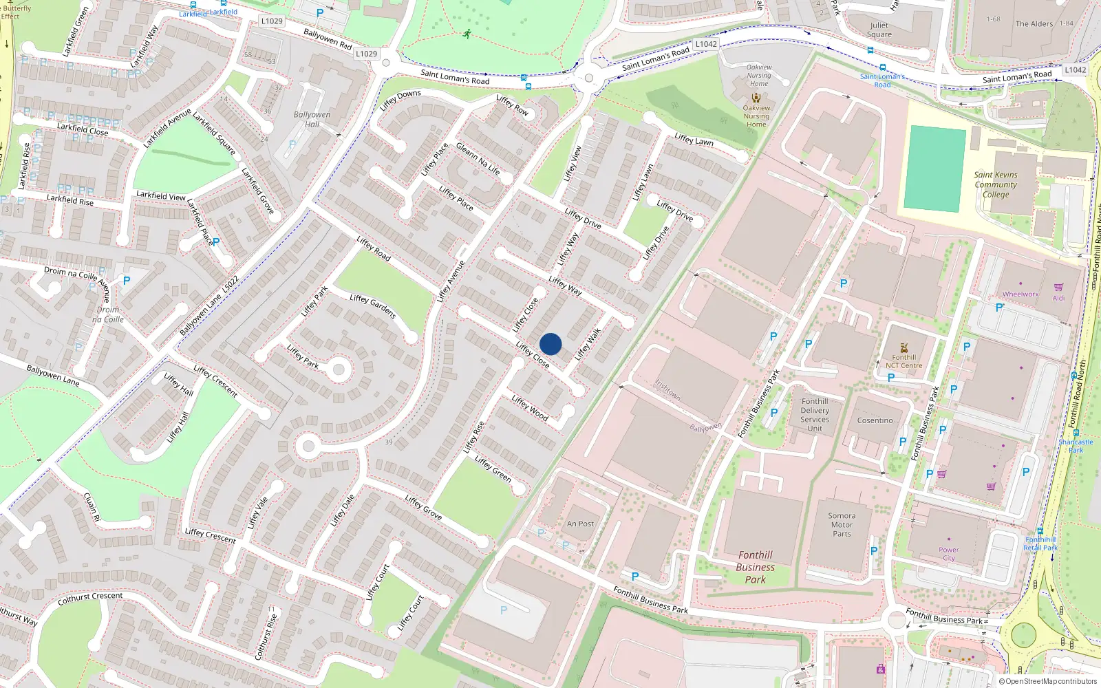 Overhead map showing the location of 16 Liffey Close, Lucan