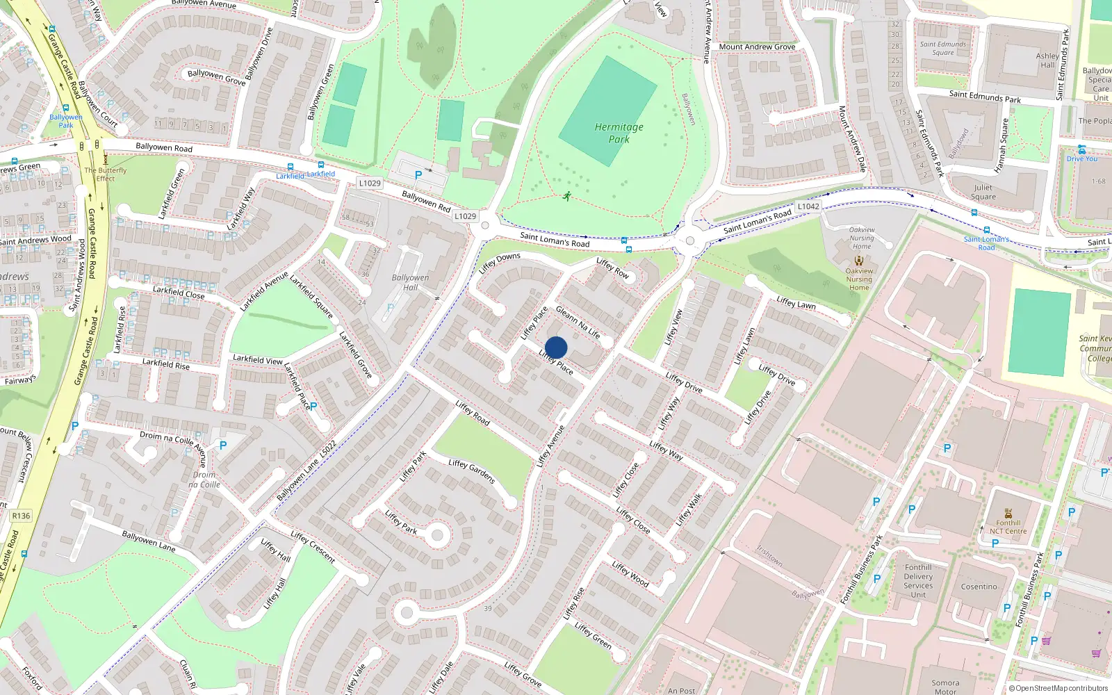 Overhead map showing the location of 16 Liffey Glen, Lucan