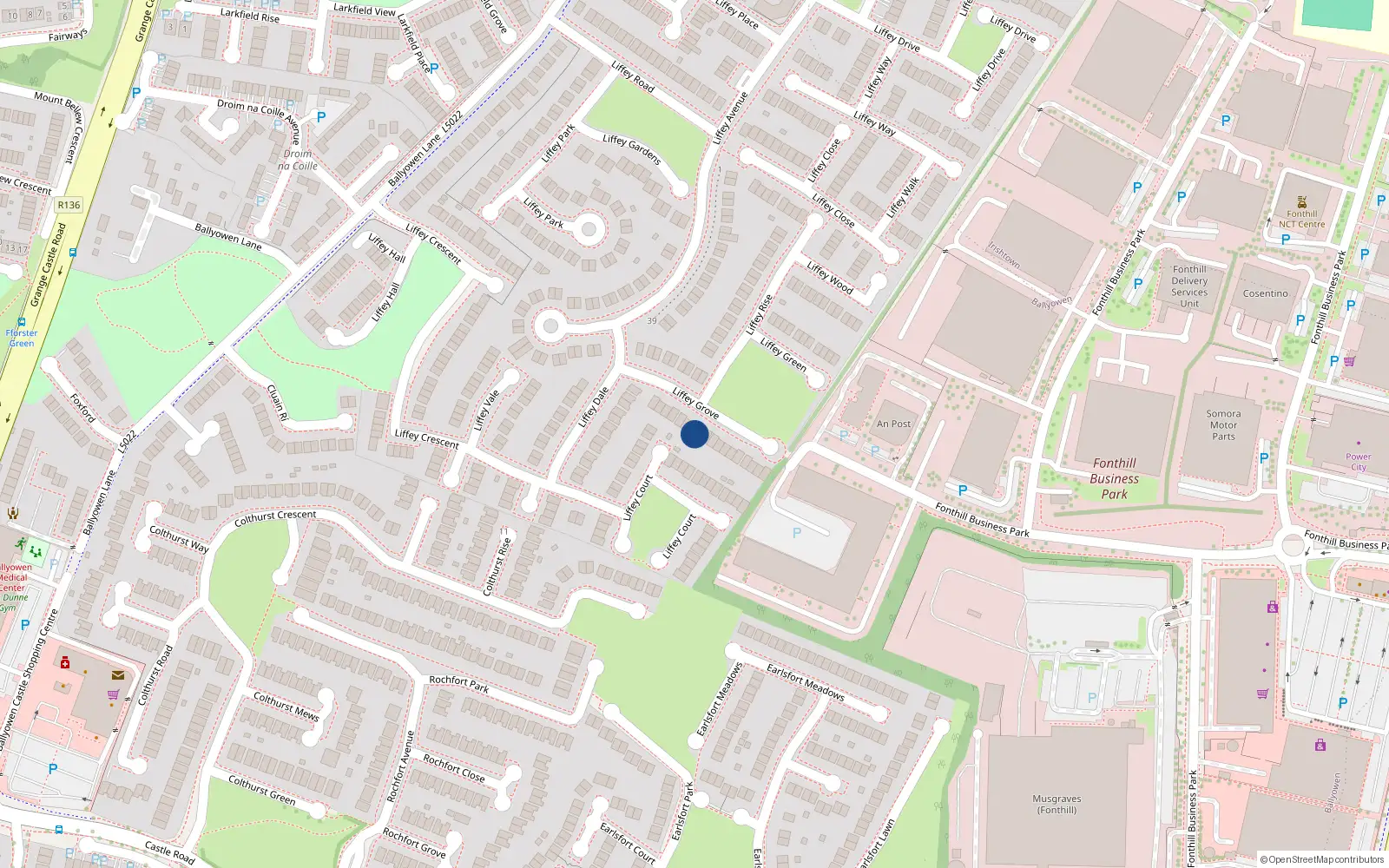 Overhead map showing the location of 16 Liffey Grove, Lucan, Dublin
